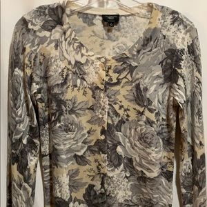 TALBOTS CASHMERE FLORAL SWEATER SZ P GRAY SUMMER WEIGHT CARDIGAN